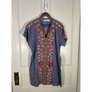 Natural Life Floral Emboidered Tunic Mini Shift Dress Womens Size Med. Blue NWT